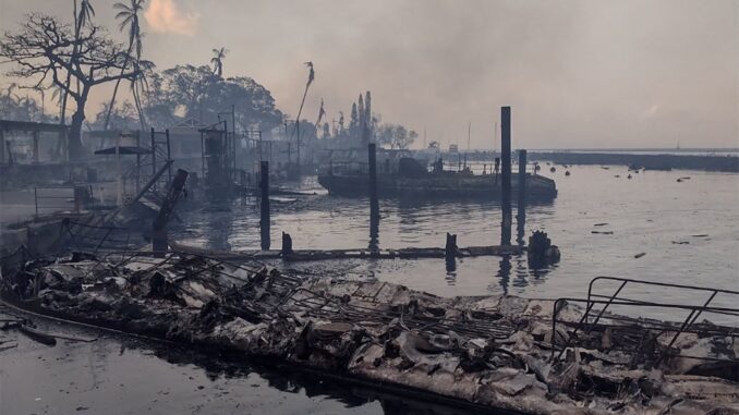 A burnt boat stands on the scorched waterfront as wildfires wreak havoc on the city of Lahaina in Maui, Hawaii. Image: Mason Jarvi via Reuters