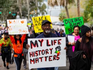 Hundreds protest Gov. DeSantis's rejection of African American history course, Tallahassee, Feb. 15, 2023.