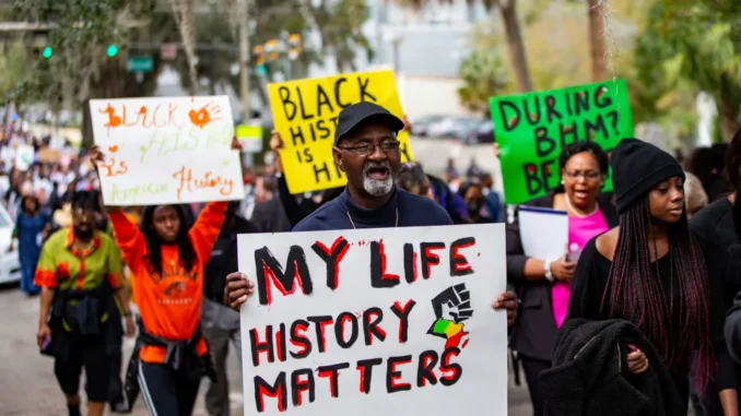 Hundreds protest Gov. DeSantis's rejection of African American history course, Tallahassee, Feb. 15, 2023.